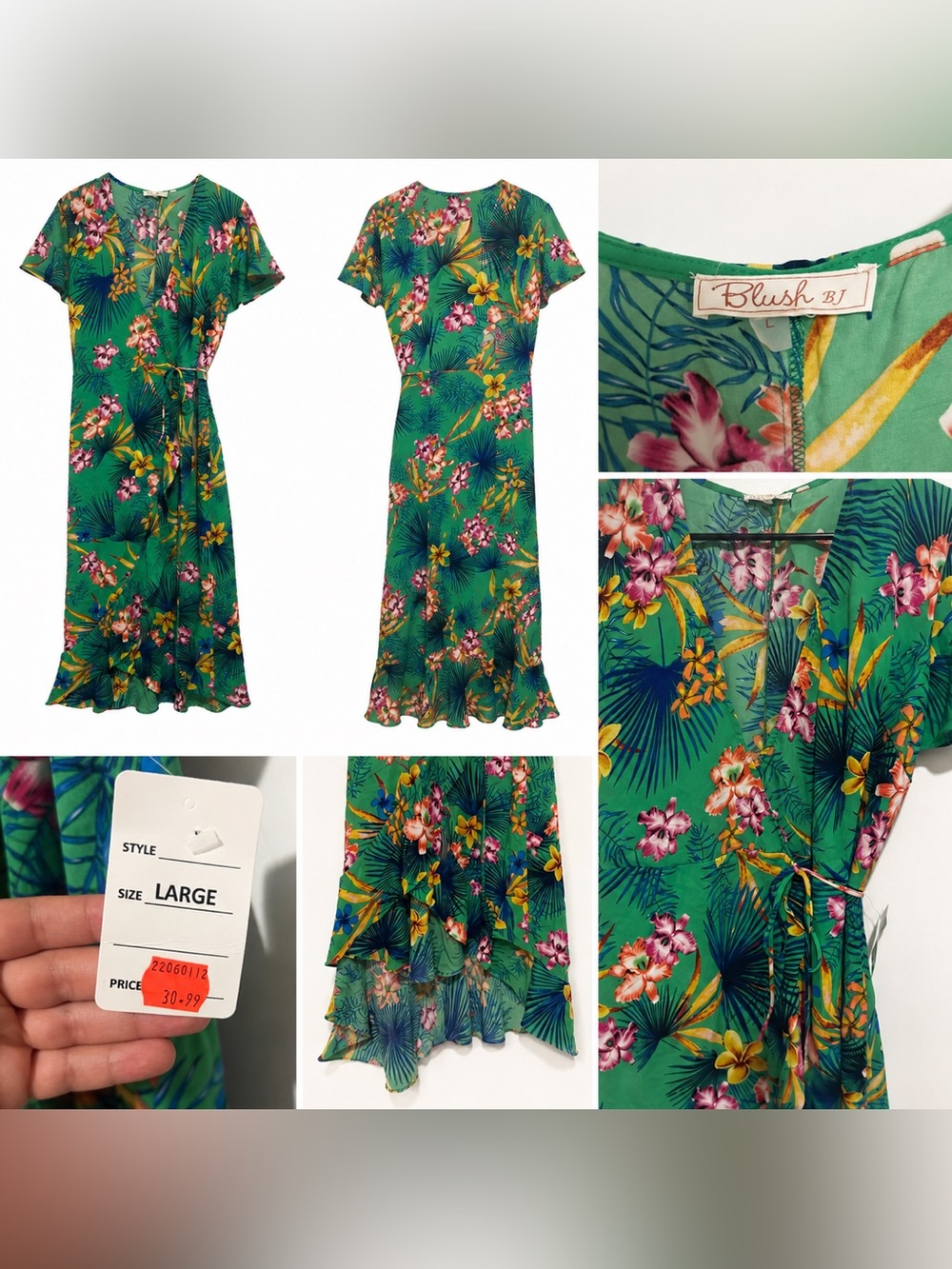 Blush Green Tropical Floral Wrap Maxi Dress